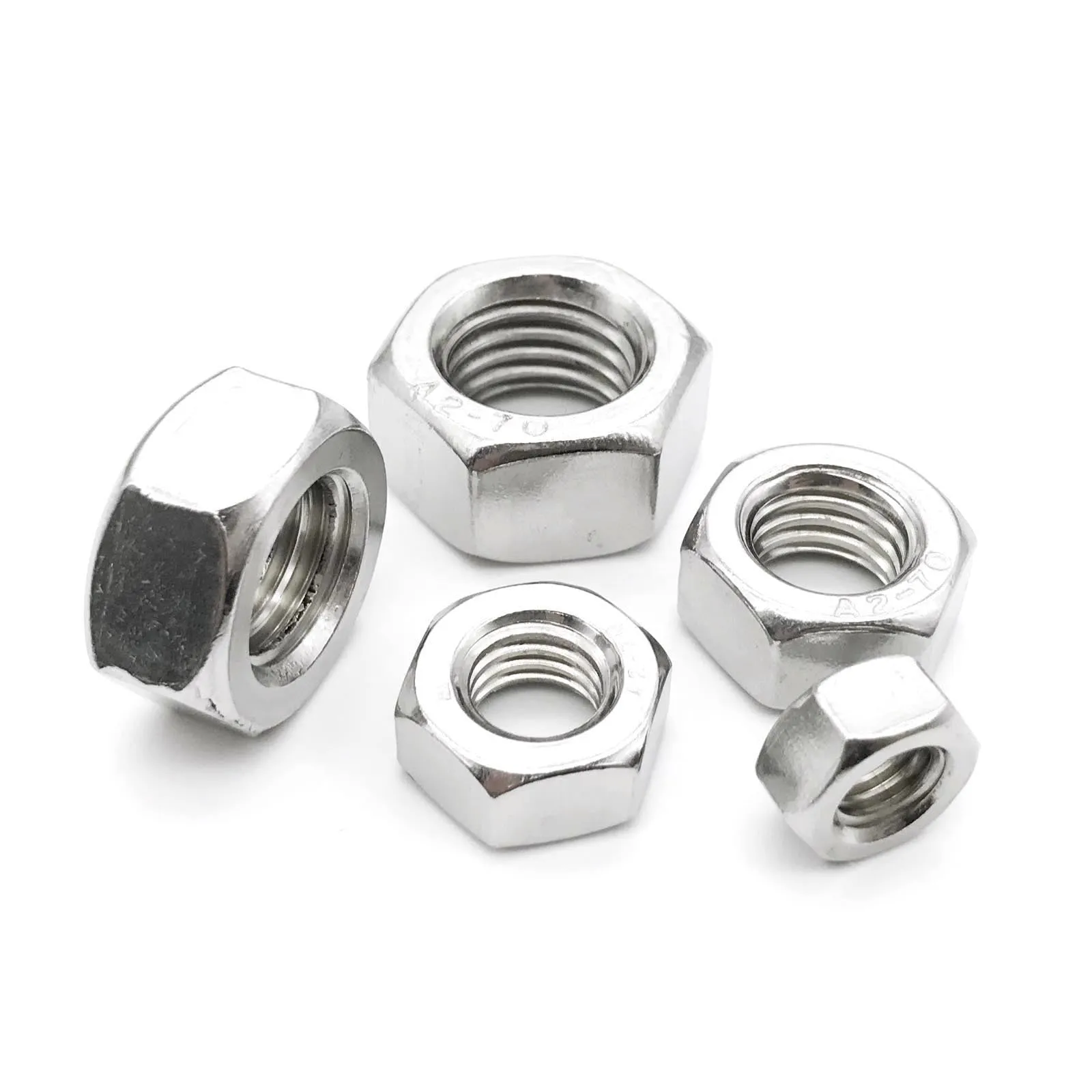 304 stainless steel thickened hex nut assortment from M6 to M56 metric sizes on grey background