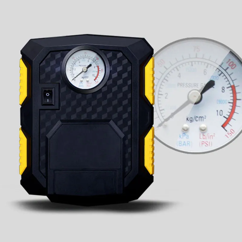 12V car tyre pump with 60cm gas pipe and digital display, connected to a cigarette lighter socket for inflation