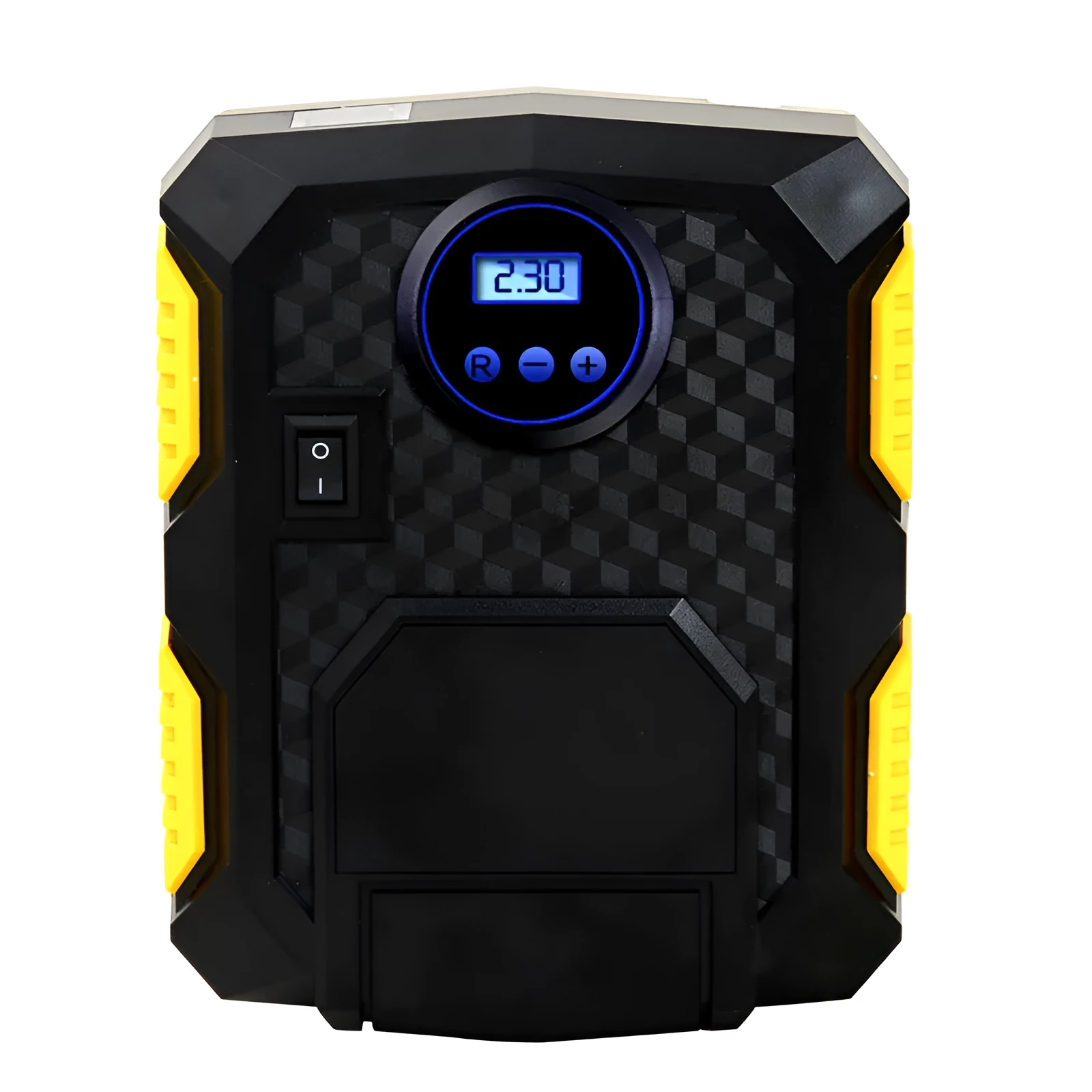 12V car tyre pump with 60cm gas pipe and digital display, connected to a cigarette lighter socket for inflation