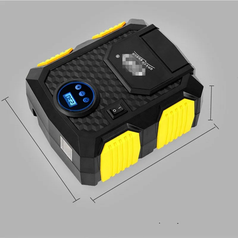 12V car tyre pump with 60cm gas pipe and digital display, connected to a cigarette lighter socket for inflation