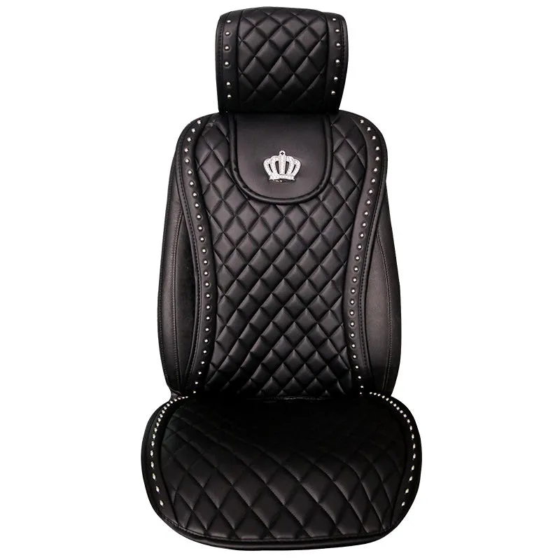 Black diamond leather car seat cushion with crown rivet rhinestone detailing from Ya Yue for five-seater automobiles
