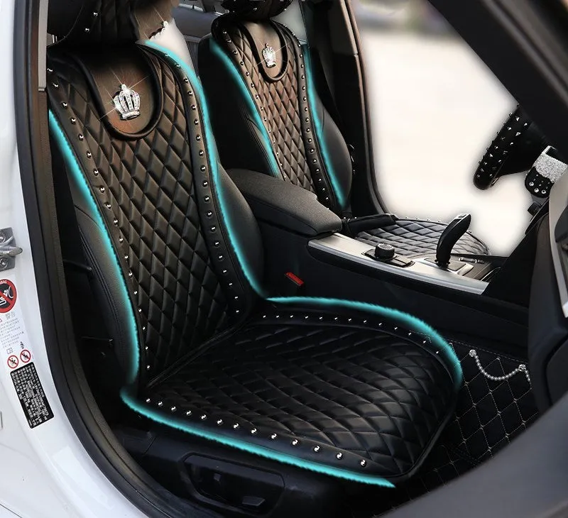 Black diamond leather car seat cushion with crown rivet rhinestone detailing from Ya Yue for five-seater automobiles