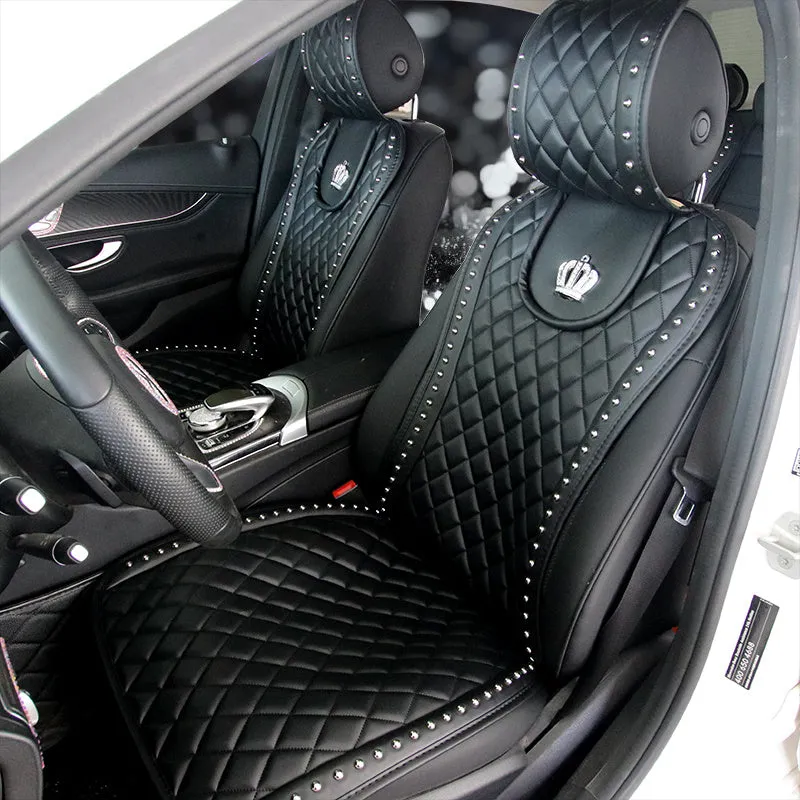 Black diamond leather car seat cushion with crown rivet rhinestone detailing from Ya Yue for five-seater automobiles