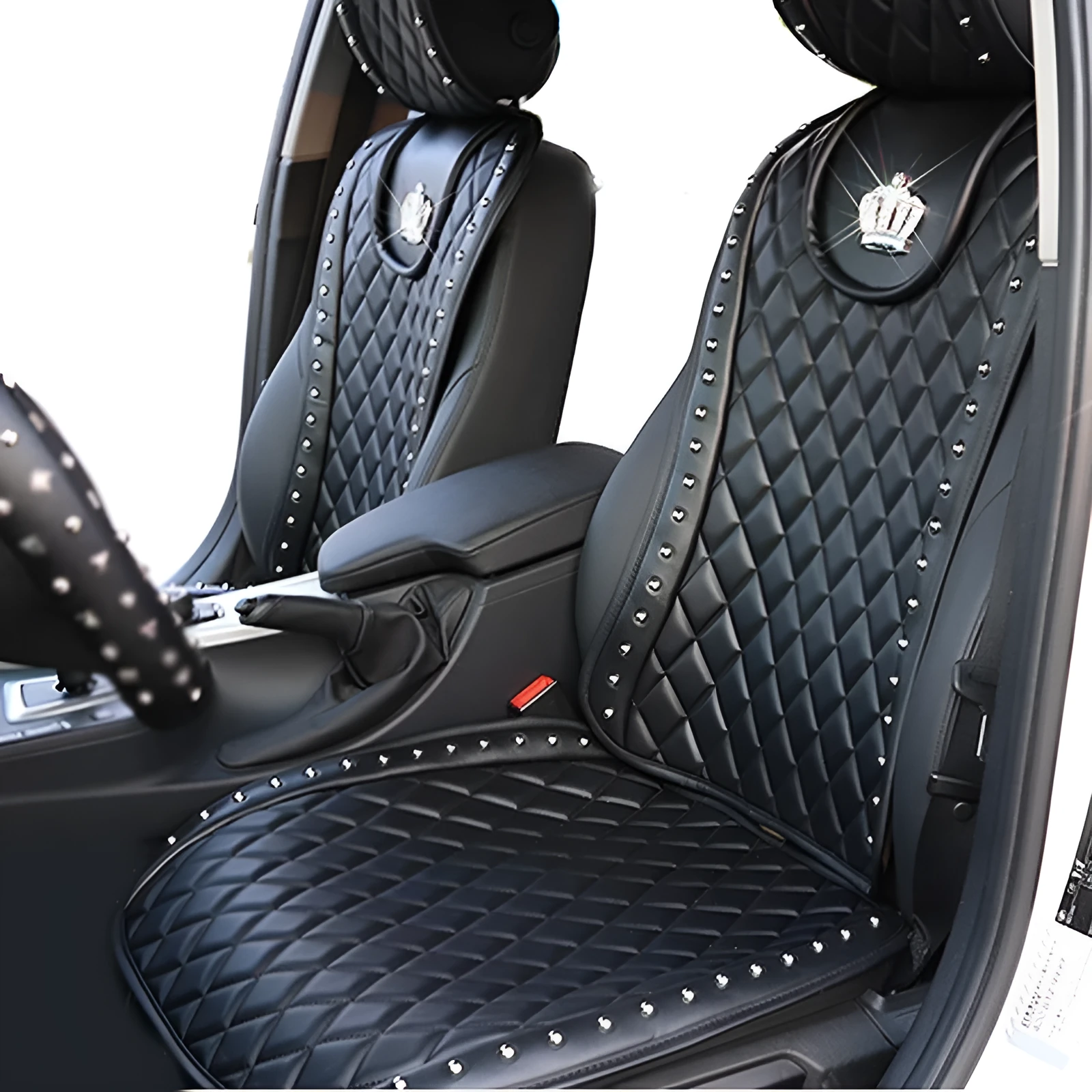 Black diamond leather car seat cushion with crown rivet rhinestone detailing from Ya Yue for five-seater automobiles