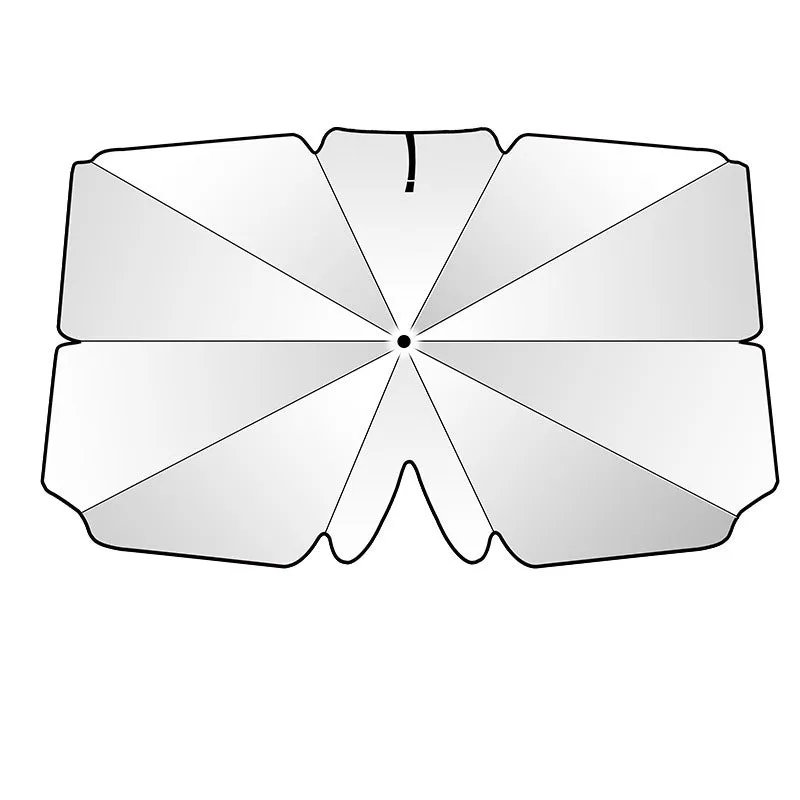 Car sun umbrella made from titanium silver glue and impact cloth with telescopic arms, resting on a car windscreen interior