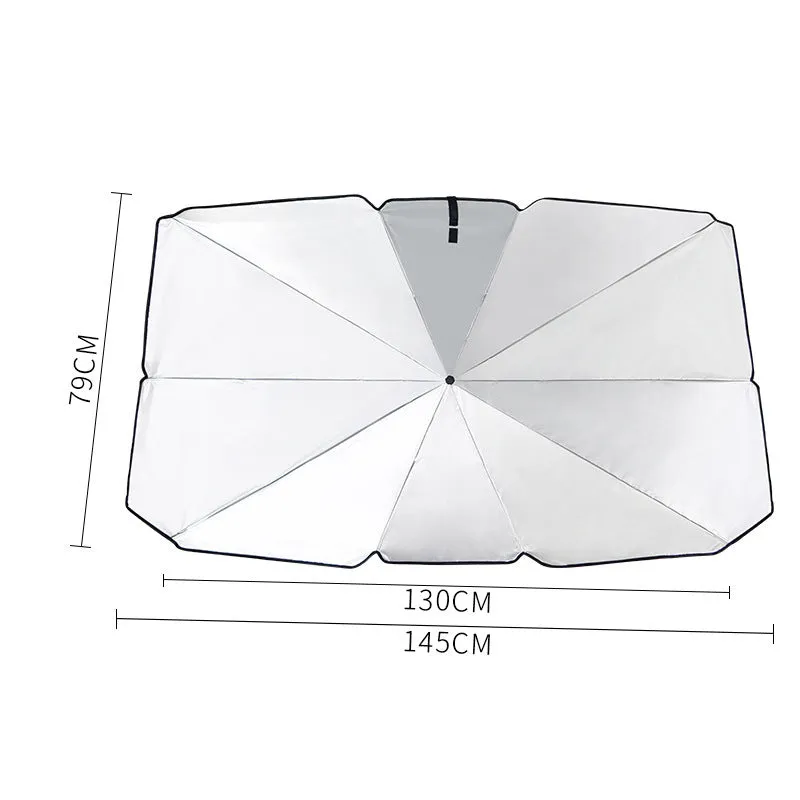 Car sun umbrella made from titanium silver glue and impact cloth with telescopic arms, resting on a car windscreen interior