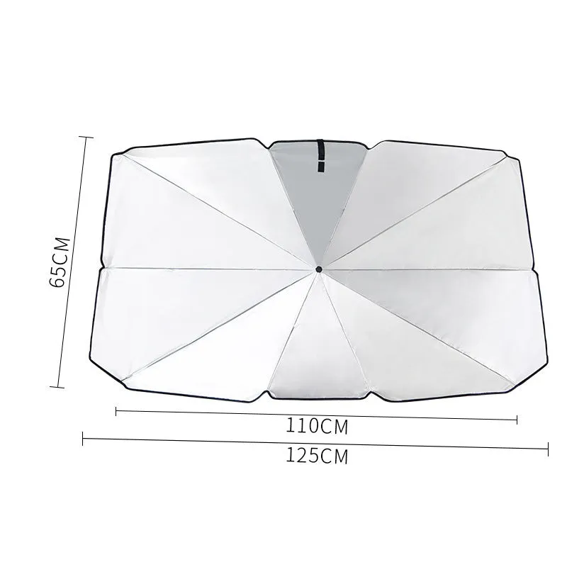 Car sun umbrella made from titanium silver glue and impact cloth with telescopic arms, resting on a car windscreen interior