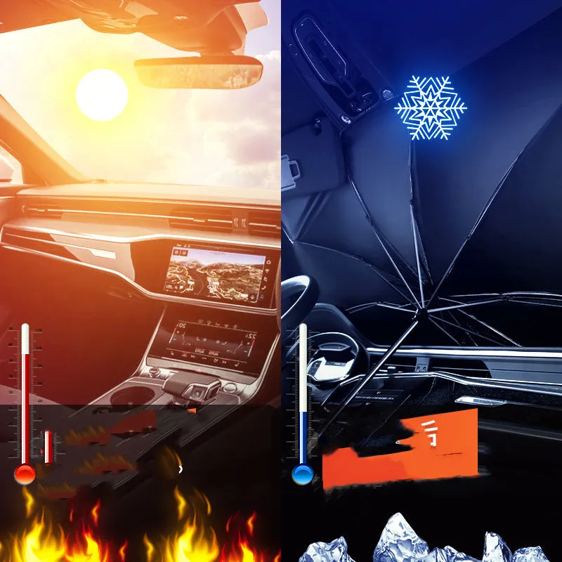 Car sun umbrella made from titanium silver glue and impact cloth with telescopic arms, resting on a car windscreen interior