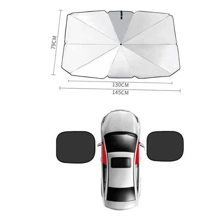 Car sun umbrella made from titanium silver glue and impact cloth with telescopic arms, resting on a car windscreen interior