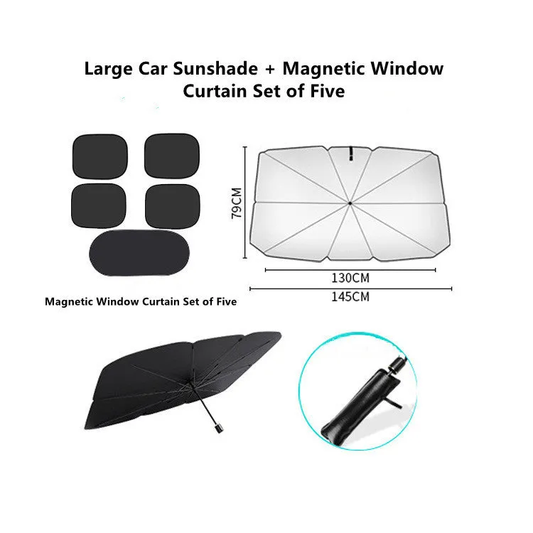 Car sun umbrella made from titanium silver glue and impact cloth with telescopic arms, resting on a car windscreen interior