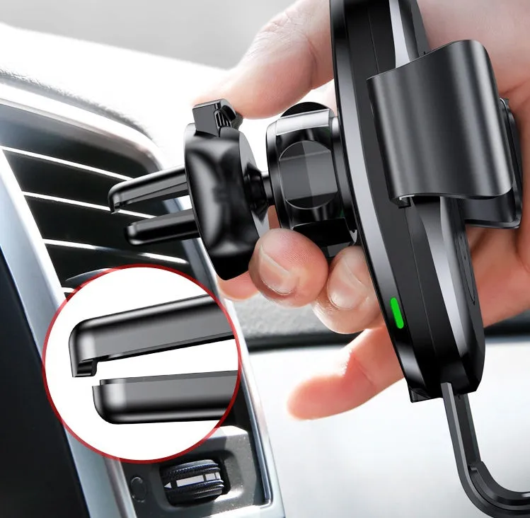 Gravity bracket wireless charging car mount with auto-clamp in black, for Samsung and Apple phones