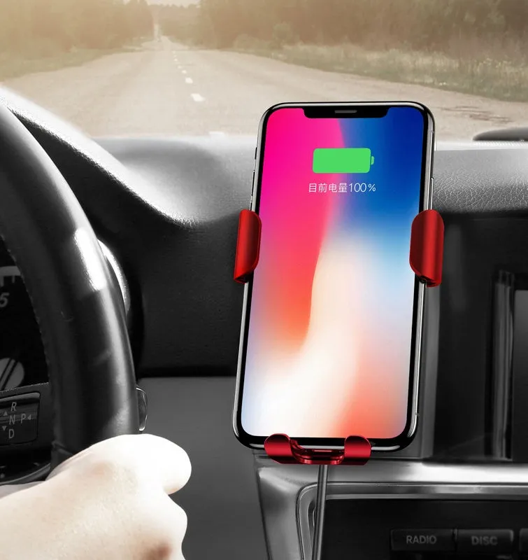Gravity bracket wireless charging car mount with auto-clamp in black, for Samsung and Apple phones