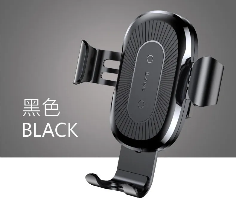 Gravity bracket wireless charging car mount with auto-clamp in black, for Samsung and Apple phones