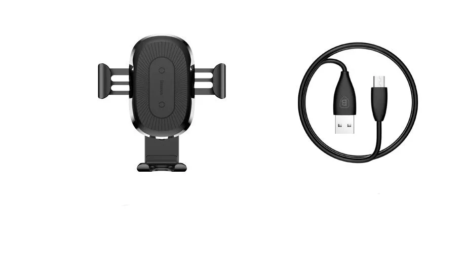 Gravity bracket wireless charging car mount with auto-clamp in black, for Samsung and Apple phones