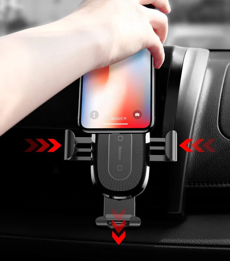 Gravity bracket wireless charging car mount with auto-clamp in black, for Samsung and Apple phones