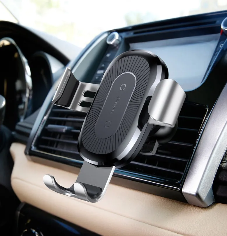Gravity bracket wireless charging car mount with auto-clamp in black, for Samsung and Apple phones