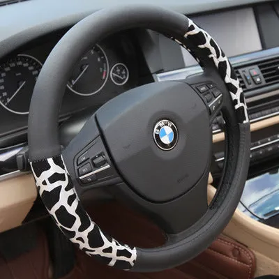 Lady cute leopard print microfiber leather steering wheel cover with white inner ring for GM cars, 38cm diameter, gold colour