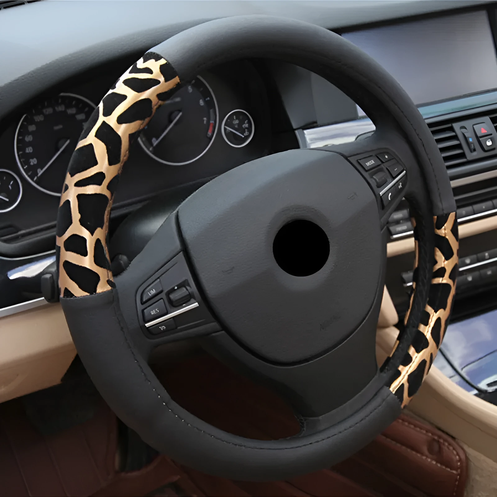 Lady cute leopard print microfiber leather steering wheel cover with white inner ring for GM cars, 38cm diameter, gold colour