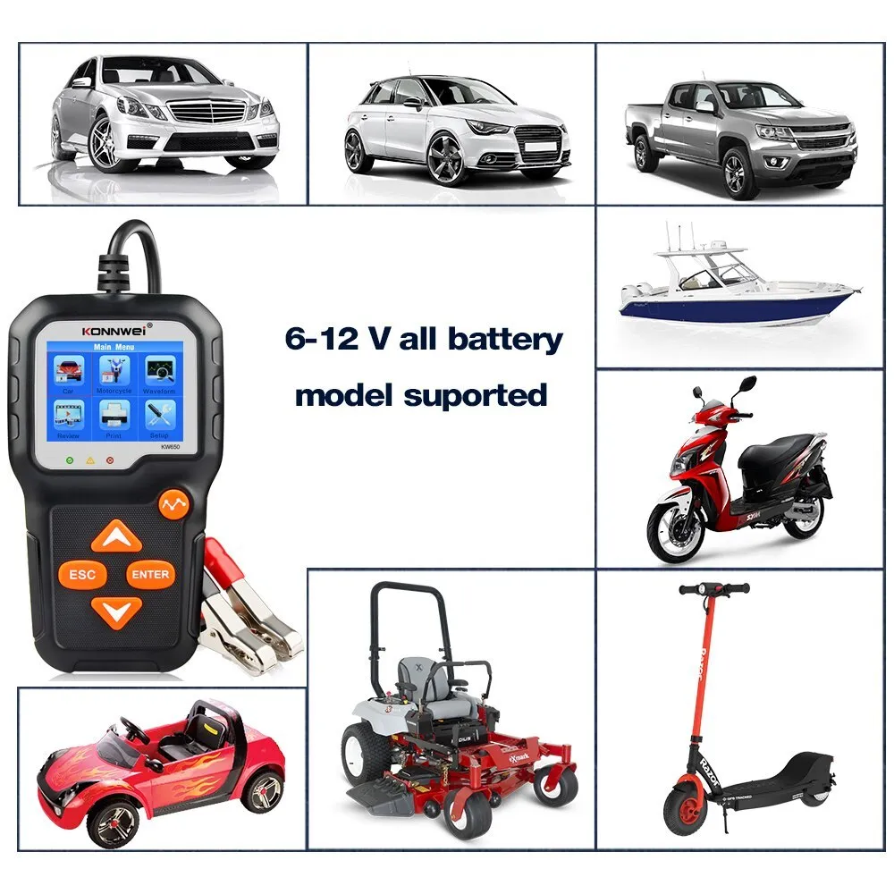 KONNWEI KW650 battery tester with LED indicators and display, testing a 12V car battery