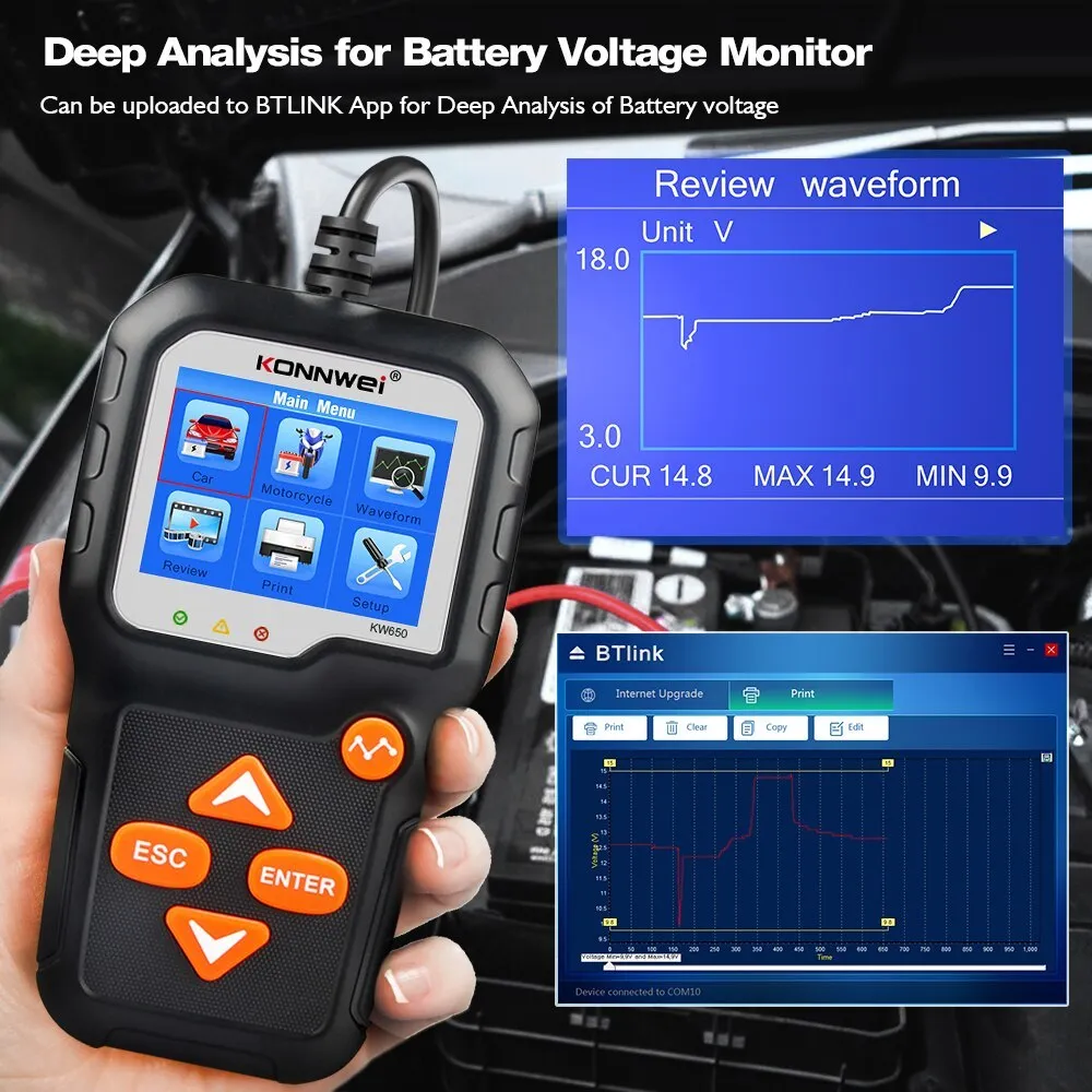 KONNWEI KW650 battery tester with LED indicators and display, testing a 12V car battery