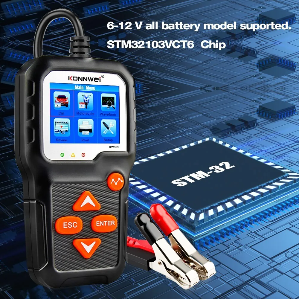 KONNWEI KW650 battery tester with LED indicators and display, testing a 12V car battery