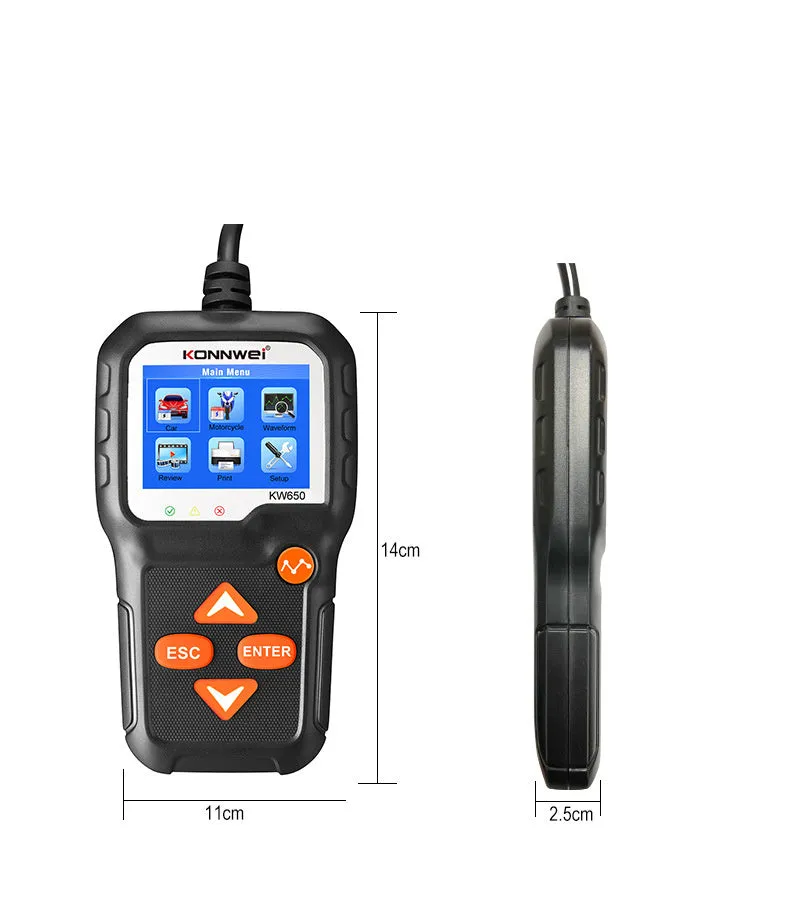 KONNWEI KW650 battery tester with LED indicators and display, testing a 12V car battery