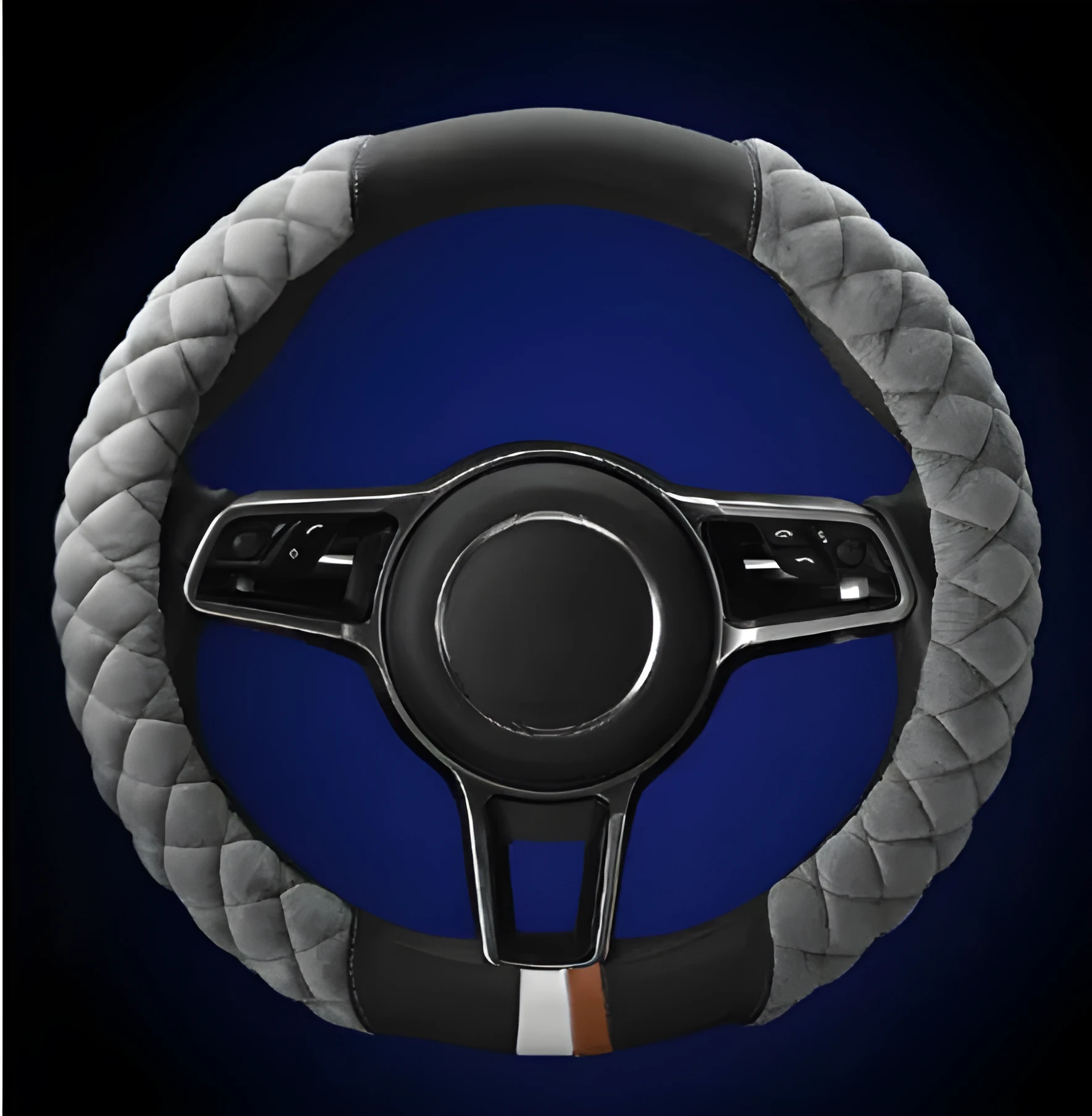 Plush grey car steering wheel cover for winter, 38cm diameter, general fit model on a steering wheel