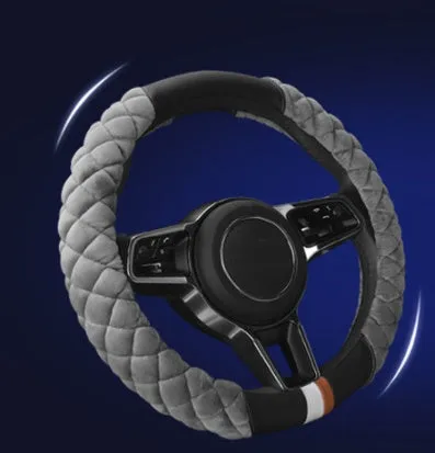 Plush grey car steering wheel cover for winter, 38cm diameter, general fit model on a steering wheel