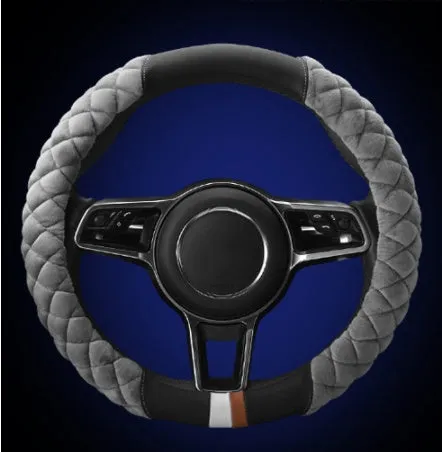 Plush grey car steering wheel cover for winter, 38cm diameter, general fit model on a steering wheel