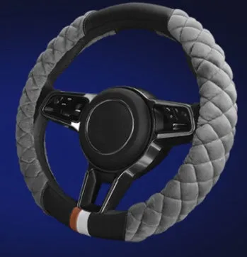 Plush grey car steering wheel cover for winter, 38cm diameter, general fit model on a steering wheel