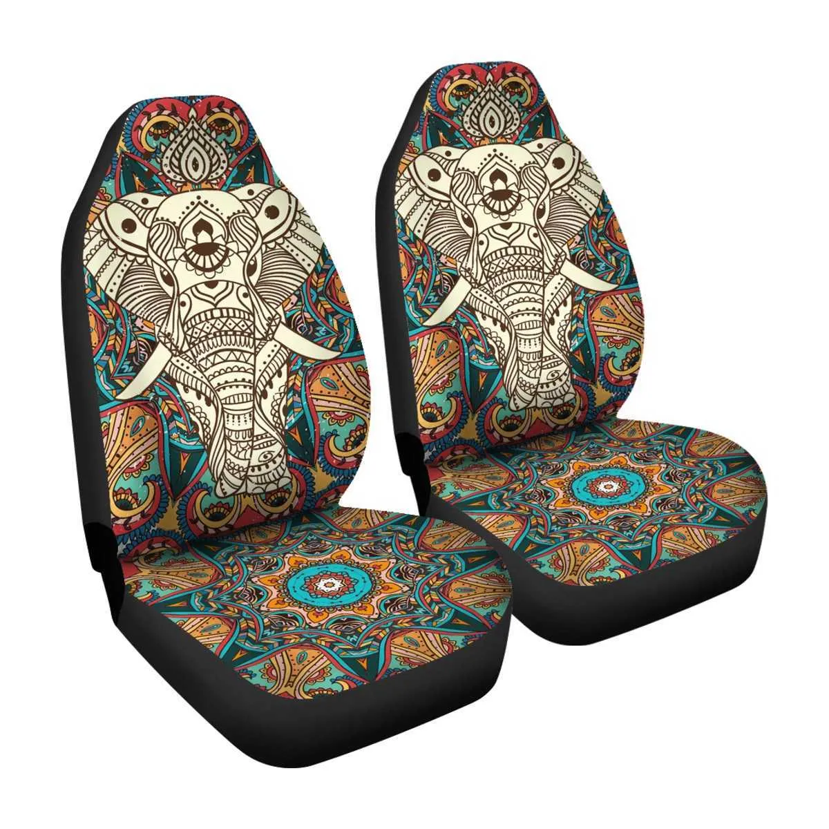 Printed car seat cover with all-inclusive elephant print on black polyester fibre fabric for front seat