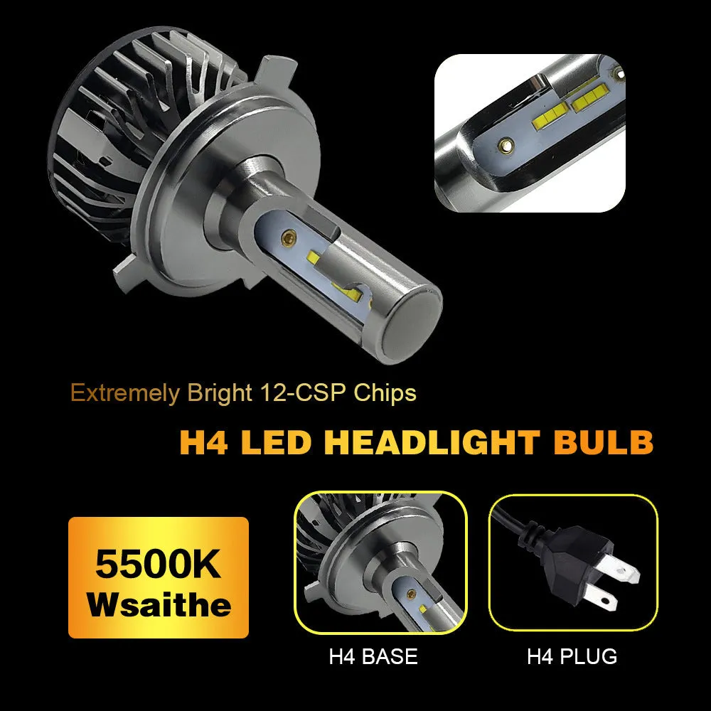 H4 LED car headlight bulb with black ABS housing, white light, 55W, IP68 waterproof rating