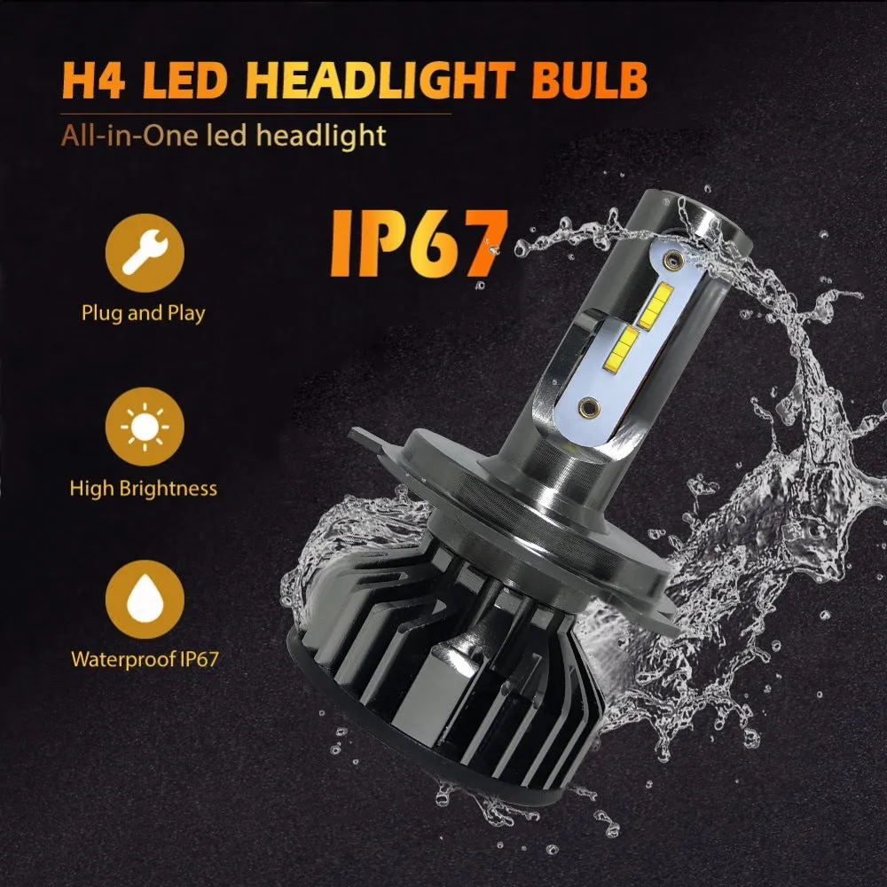 H4 LED car headlight bulb with black ABS housing, white light, 55W, IP68 waterproof rating