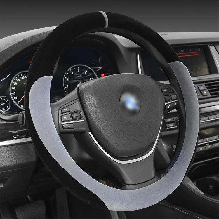 Winter short plush flocking steering wheel cover in 38cm black beige with rubber inner ring for universal cars
