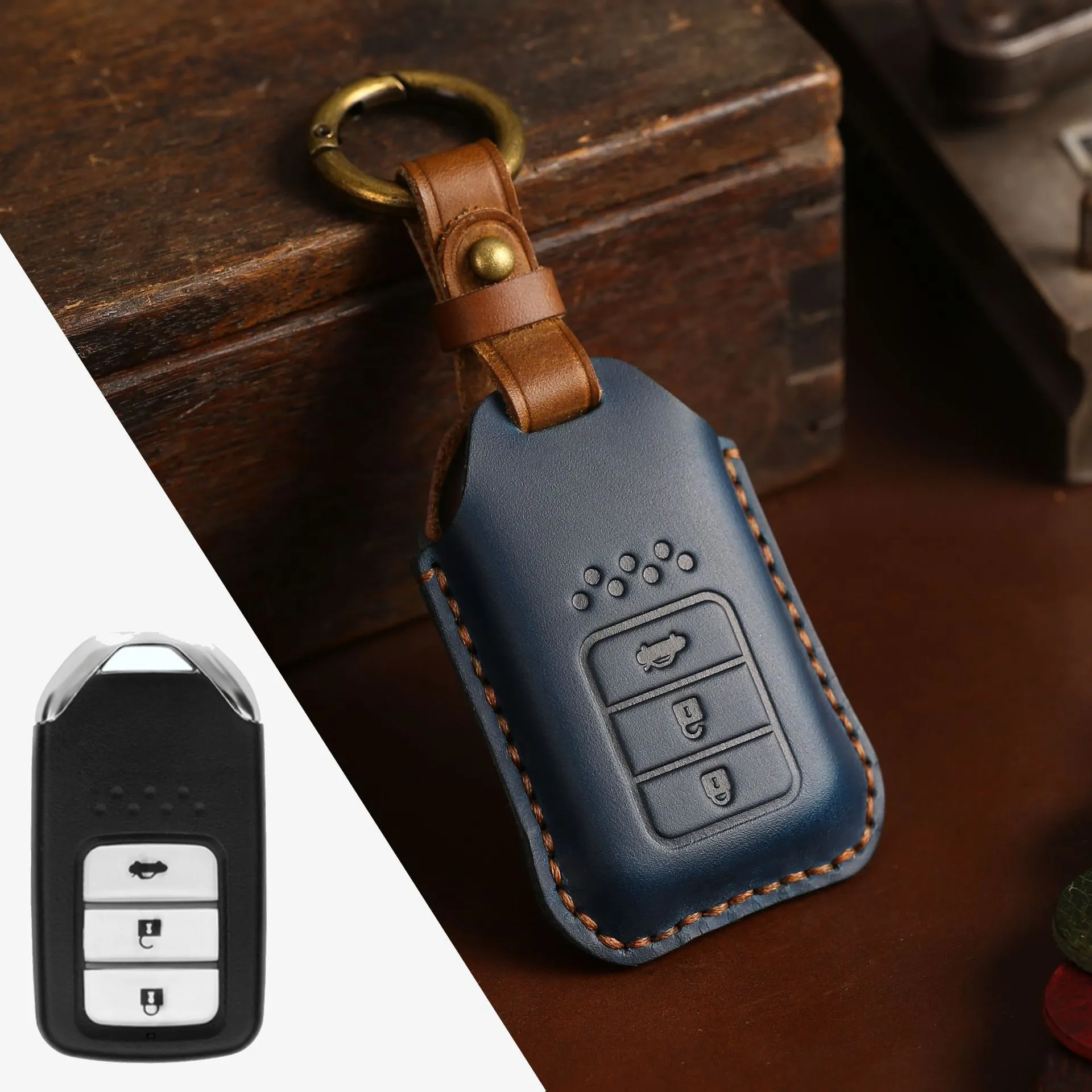 Full leather cowhide car key case for remote key fob protection, available in multiple colours and button layouts