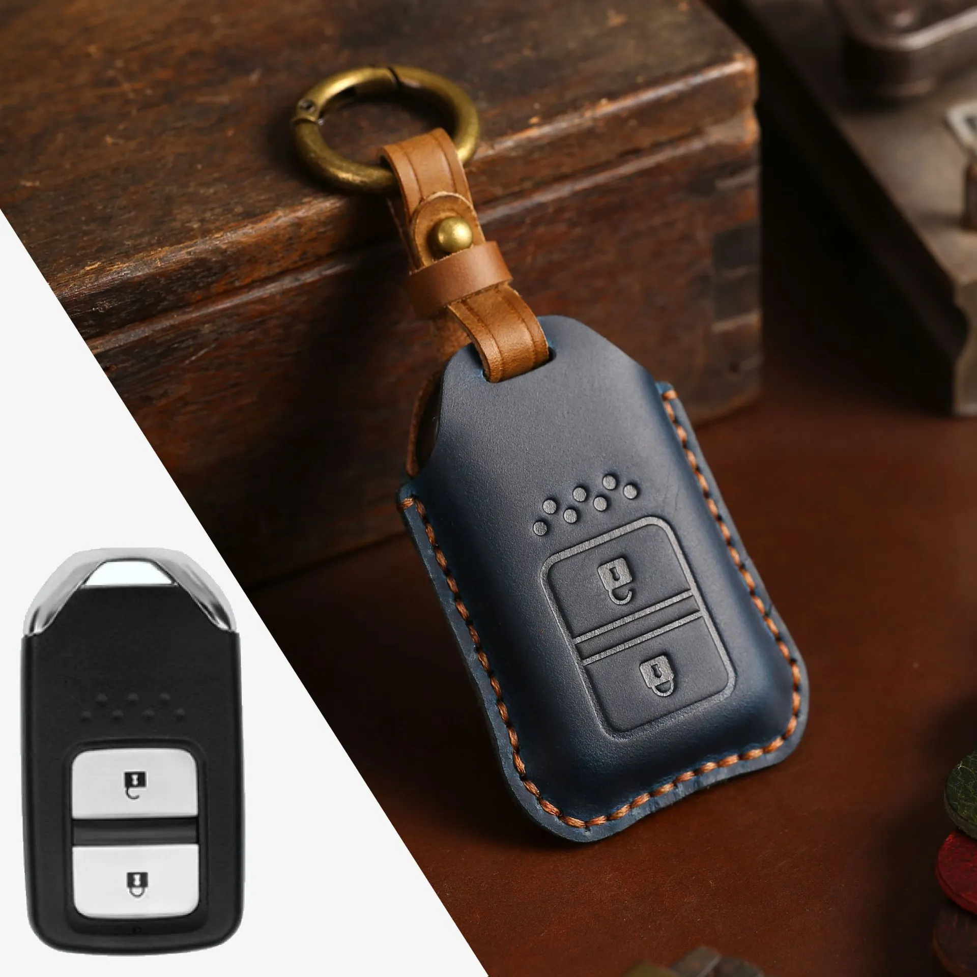 Full leather cowhide car key case for remote key fob protection, available in multiple colours and button layouts