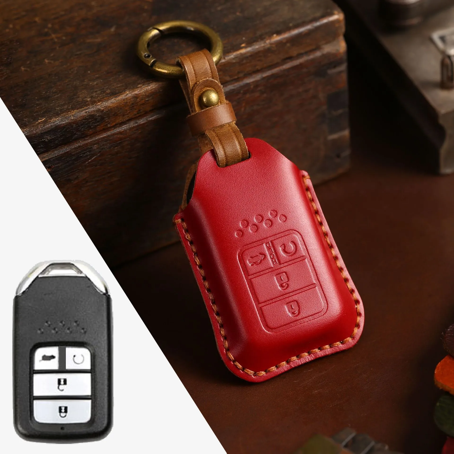 Full leather cowhide car key case for remote key fob protection, available in multiple colours and button layouts