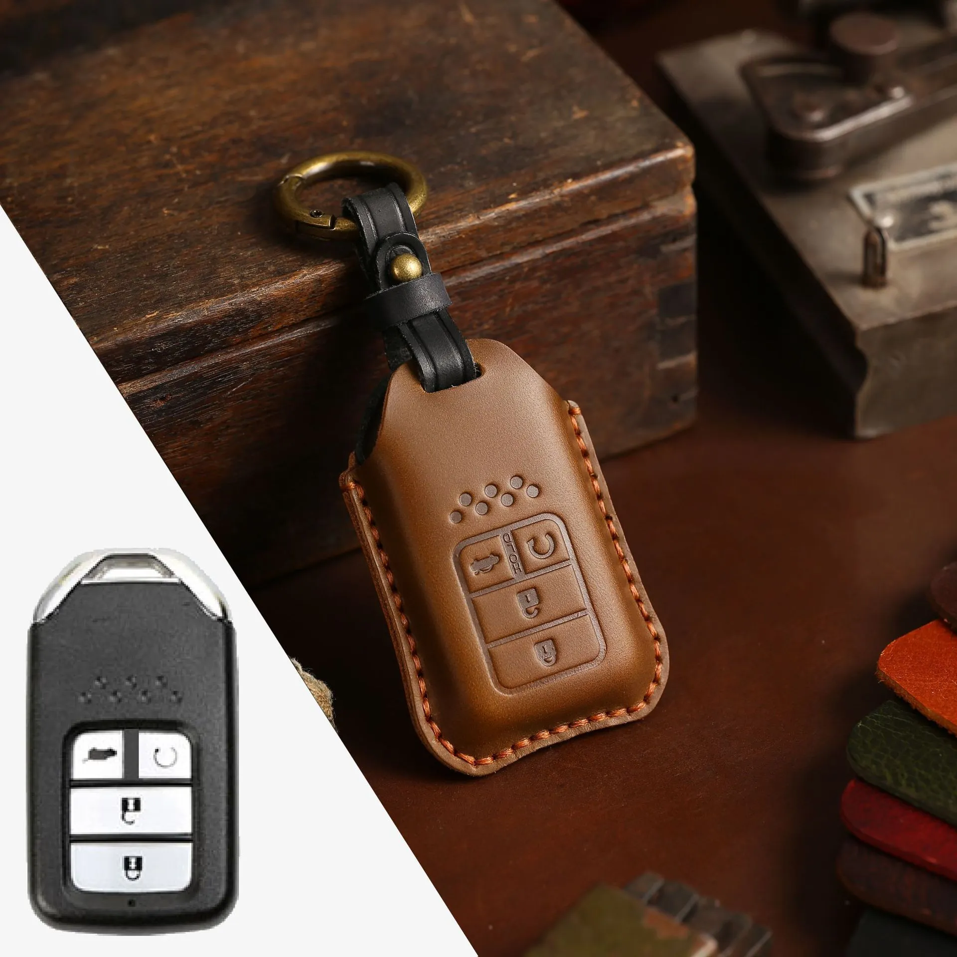 Full leather cowhide car key case for remote key fob protection, available in multiple colours and button layouts