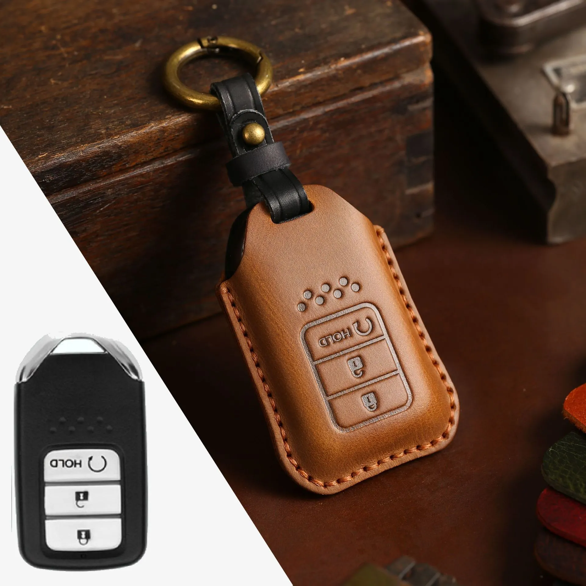 Full leather cowhide car key case for remote key fob protection, available in multiple colours and button layouts