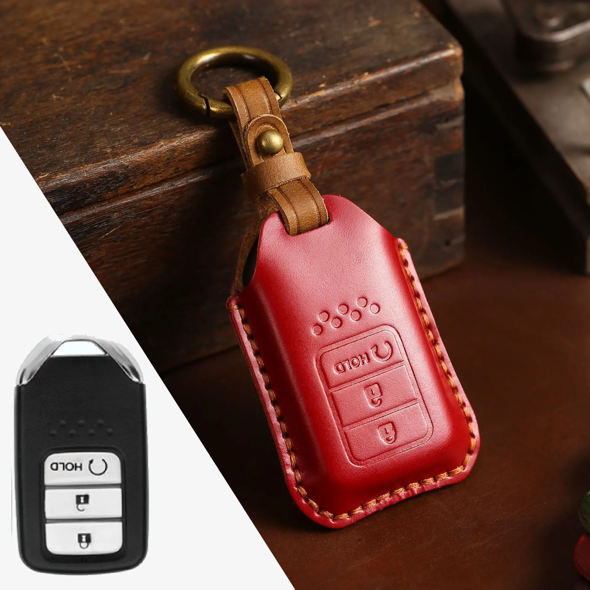 Full leather cowhide car key case for remote key fob protection, available in multiple colours and button layouts