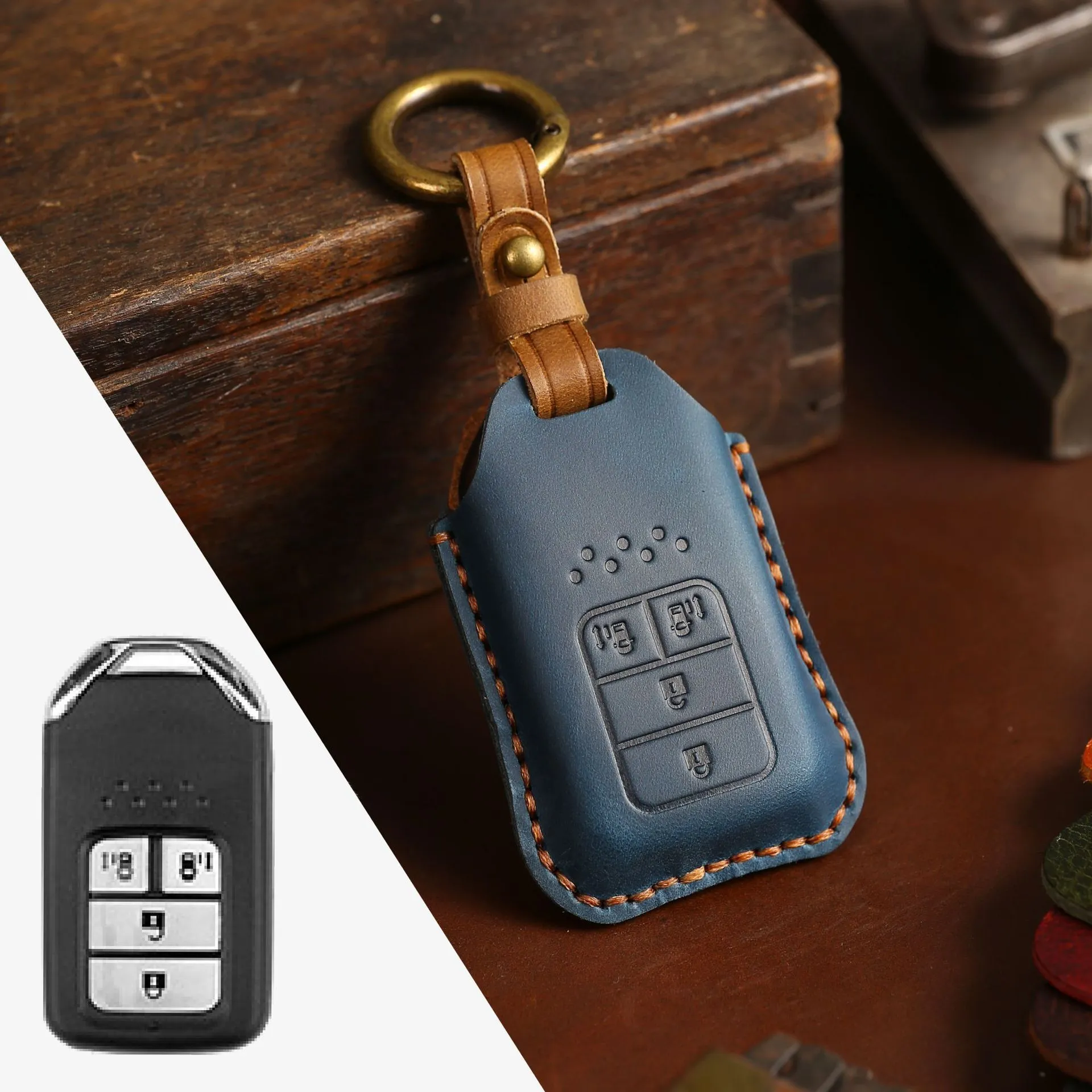 Full leather cowhide car key case for remote key fob protection, available in multiple colours and button layouts
