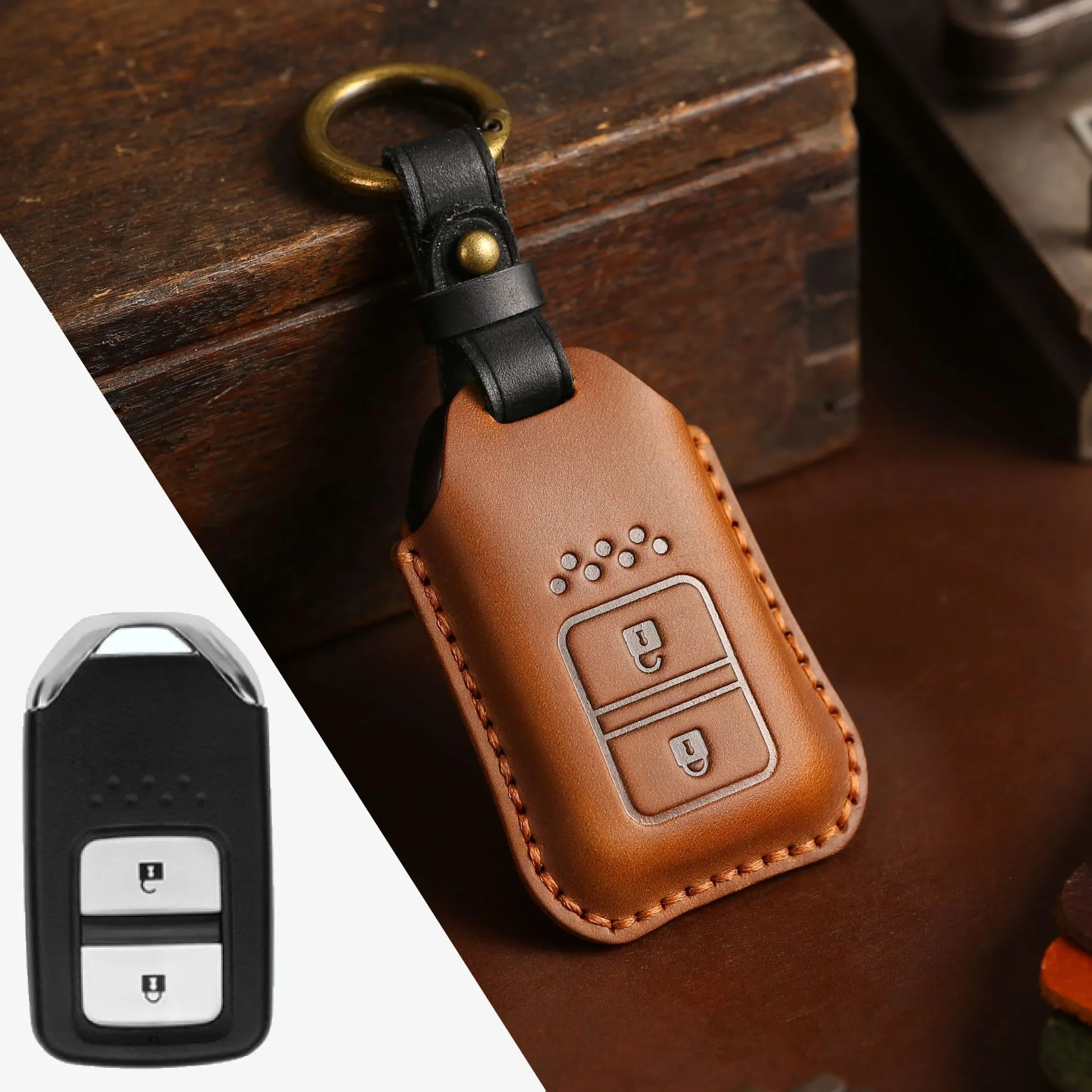 Full leather cowhide car key case for remote key fob protection, available in multiple colours and button layouts