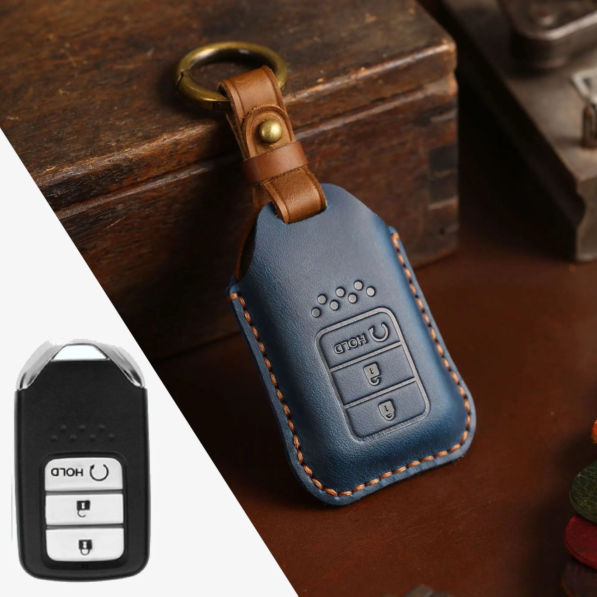 Full leather cowhide car key case for remote key fob protection, available in multiple colours and button layouts