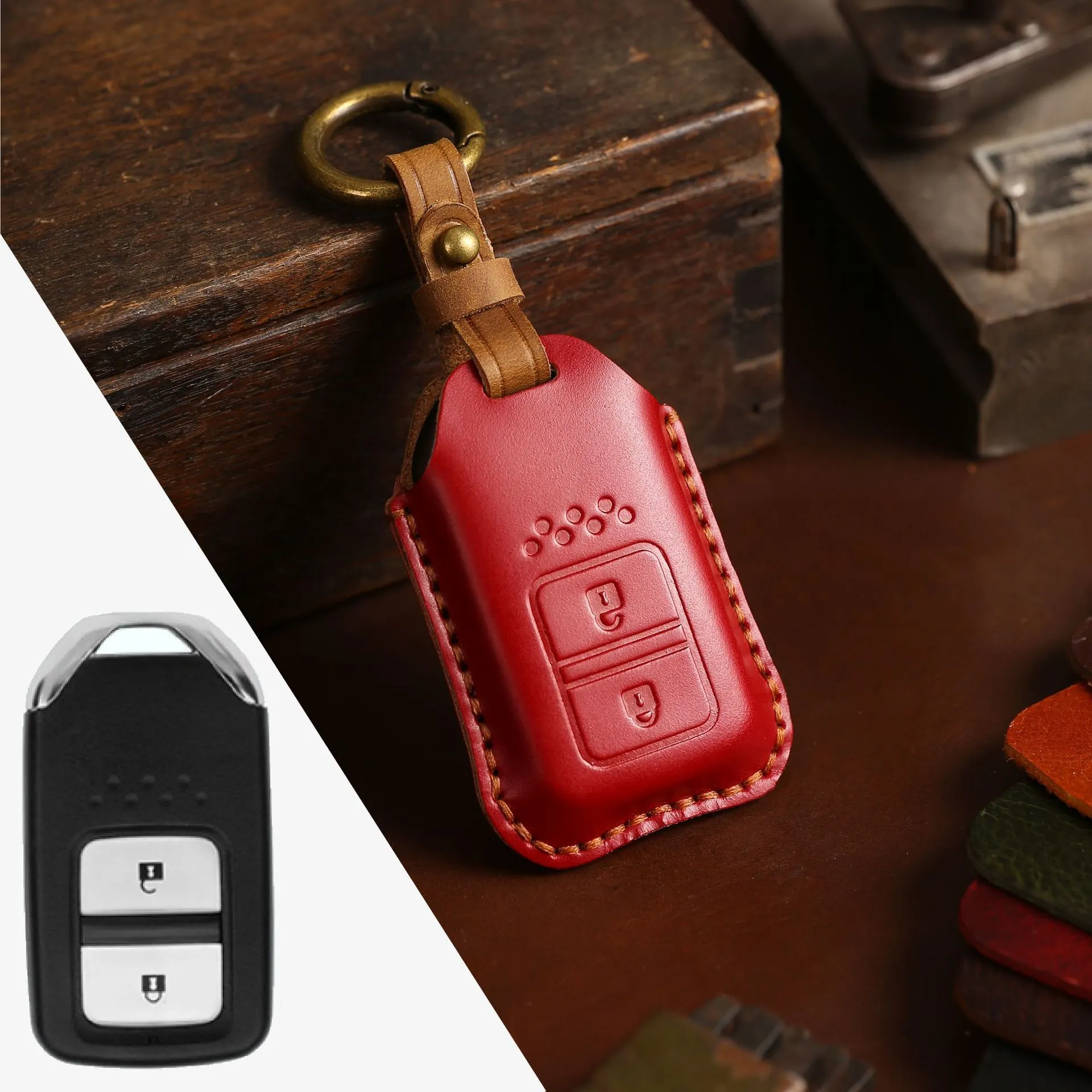 Full leather cowhide car key case for remote key fob protection, available in multiple colours and button layouts