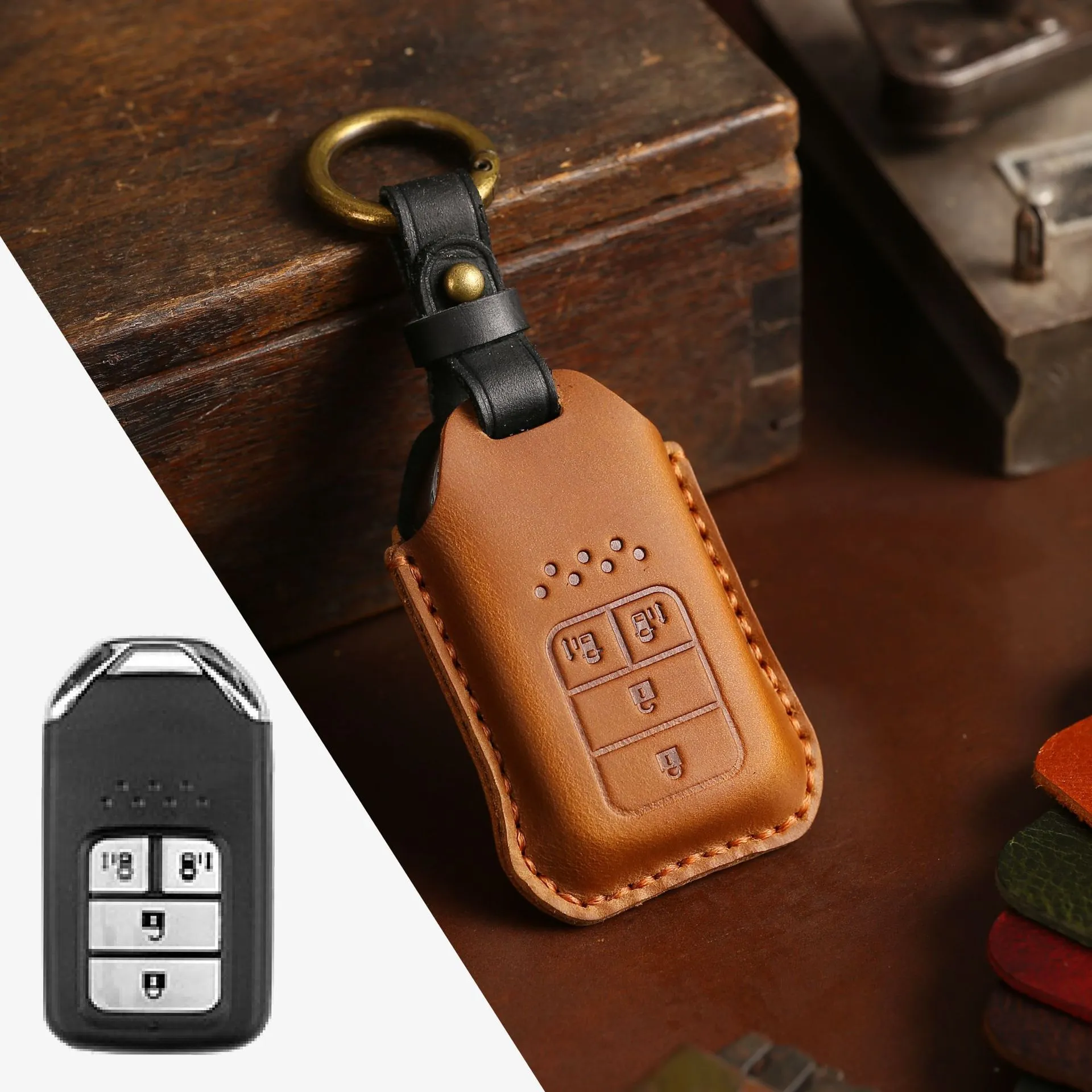 Full leather cowhide car key case for remote key fob protection, available in multiple colours and button layouts