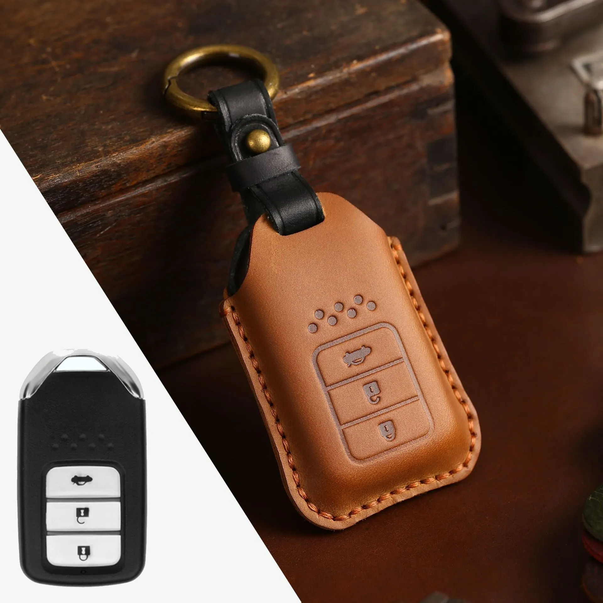 Full leather cowhide car key case for remote key fob protection, available in multiple colours and button layouts
