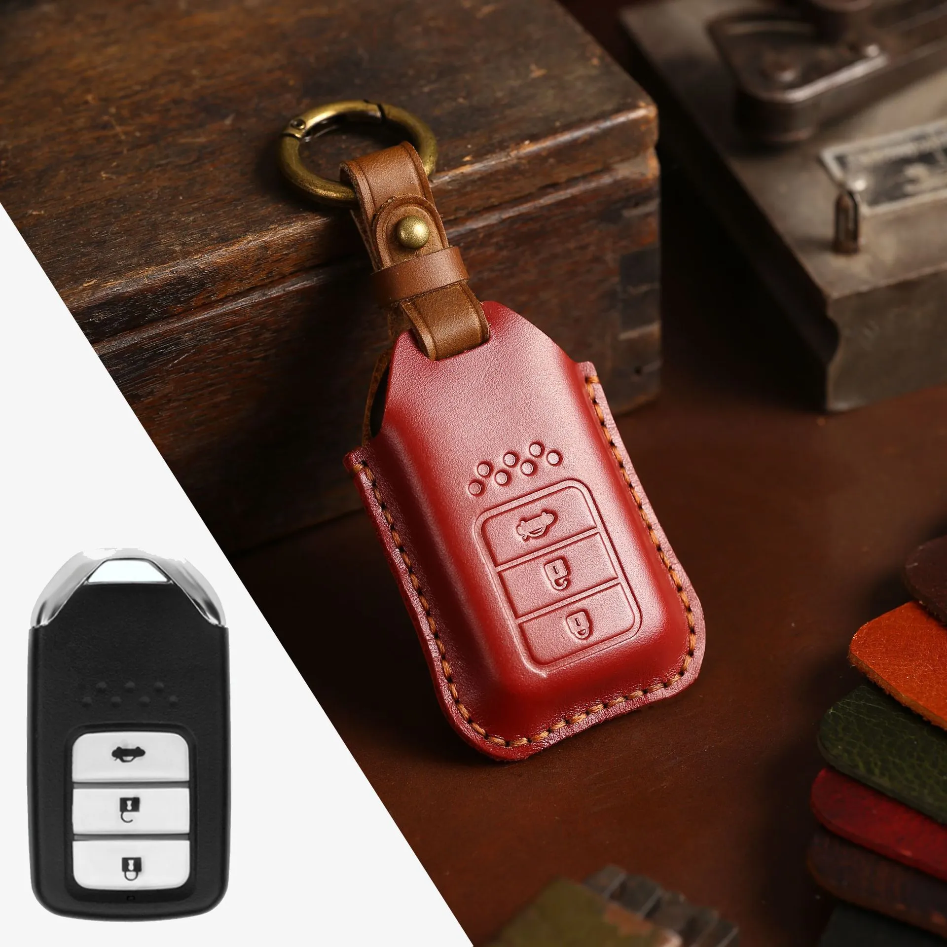 Full leather cowhide car key case for remote key fob protection, available in multiple colours and button layouts