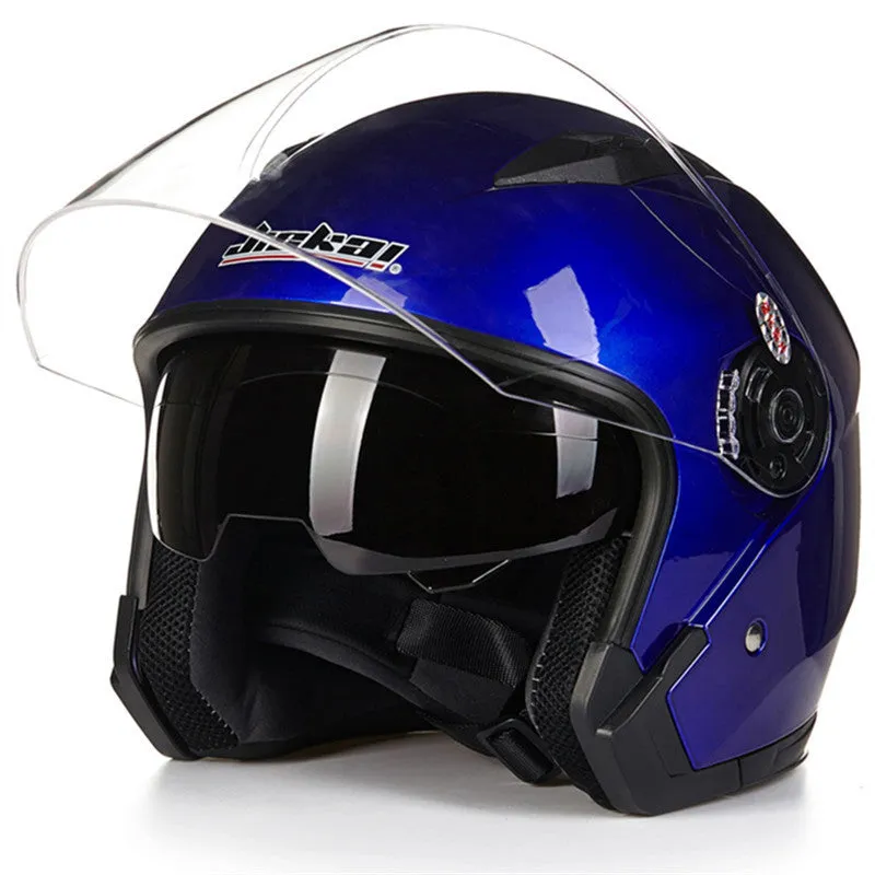 Open face motorcycle helmet jet style JK-512 in black with chin strap on white background