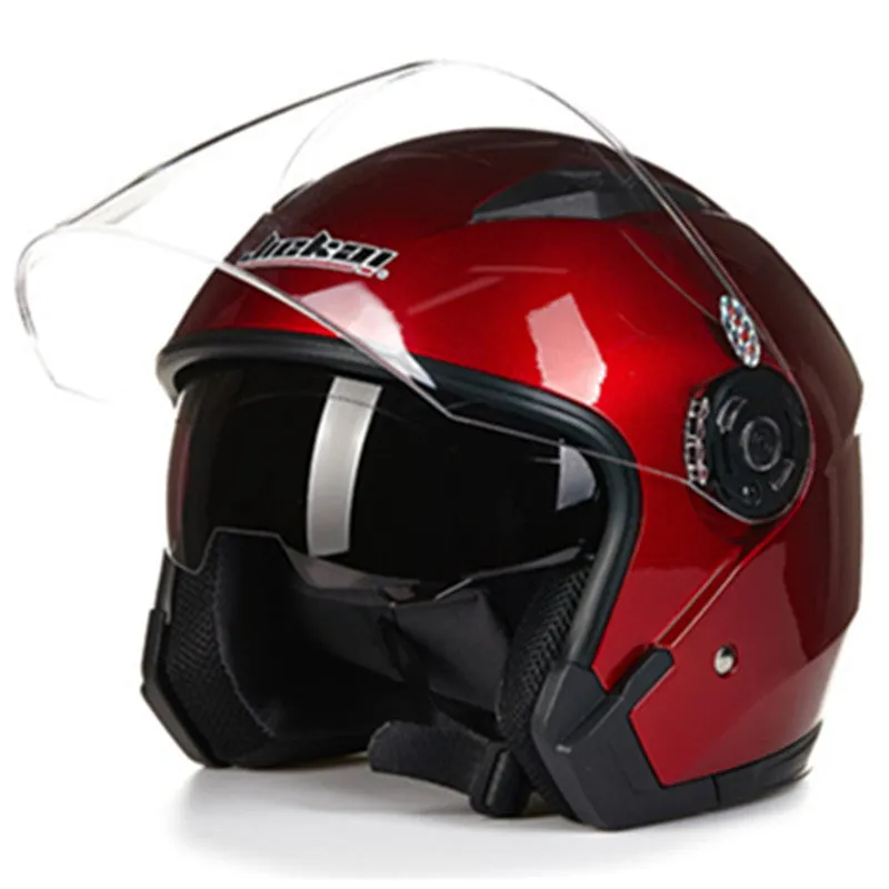 Open face motorcycle helmet jet style JK-512 in black with chin strap on white background