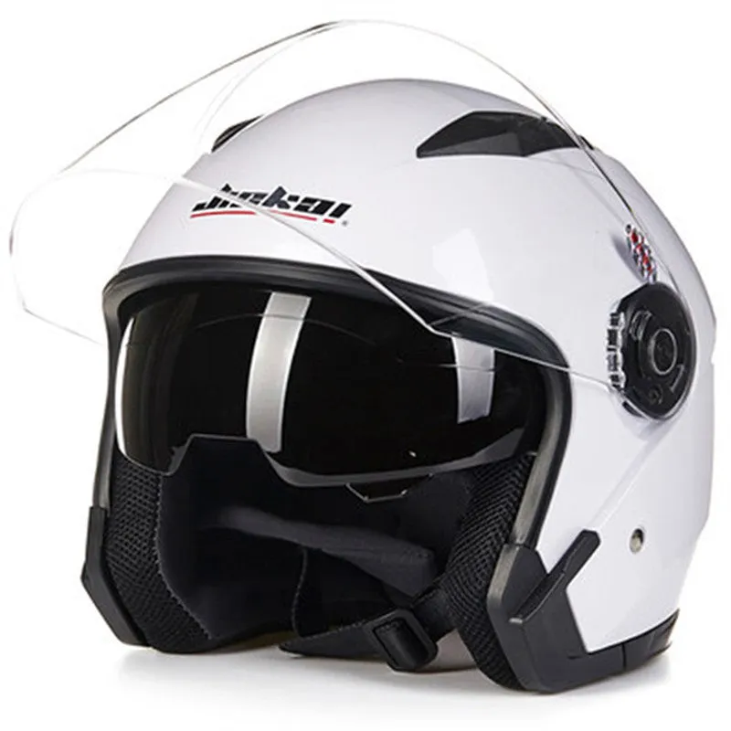Open face motorcycle helmet jet style JK-512 in black with chin strap on white background